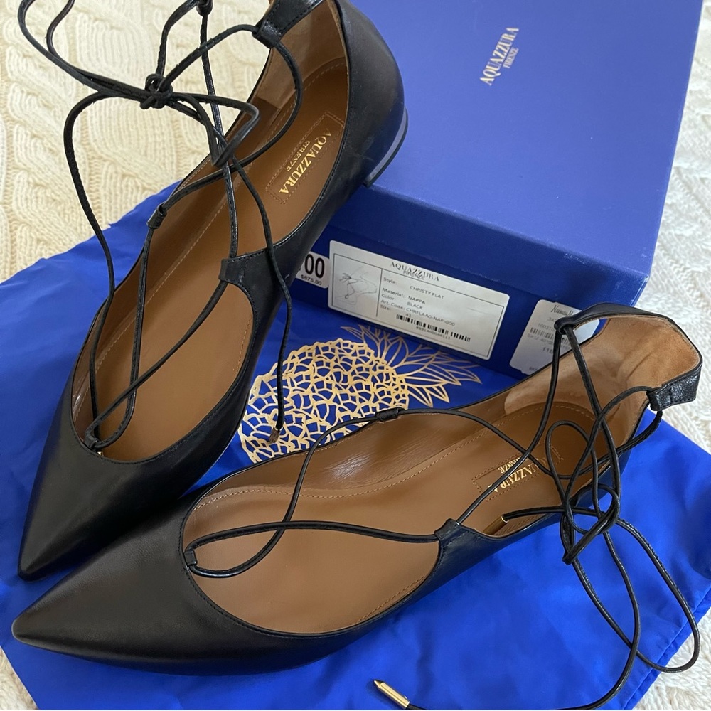 Aquazzura Christy Lace-Up Pointed-Toe Black Flats - Picture 2 of 14